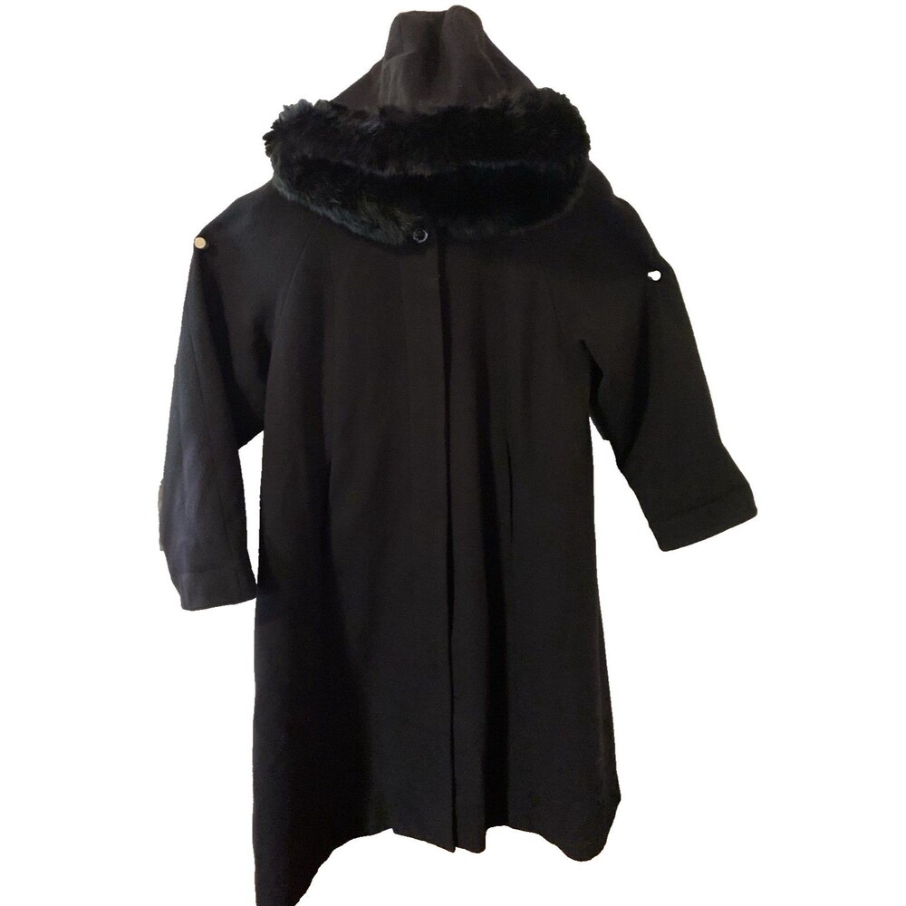 Rabbit Fur Trim Hood Wool Trench Coat VTG Donnybrook Black Russia Princess 14P